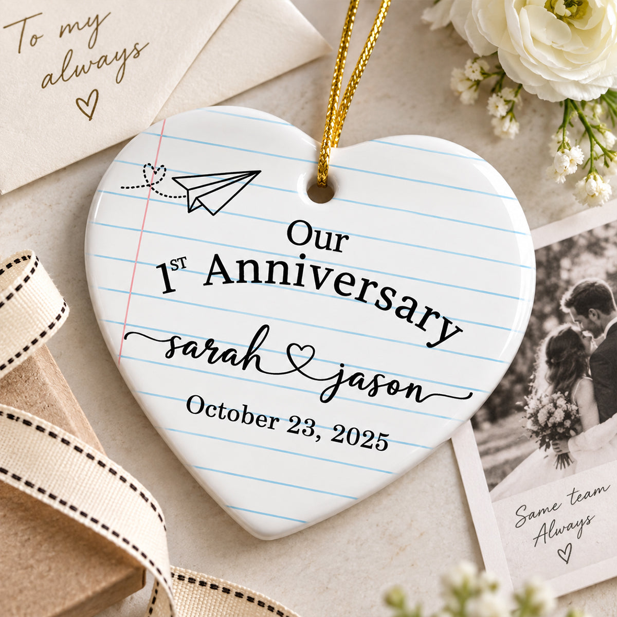 1st Wedding Anniversary Paper Anniversary - Personalized Heart Ceramic Ornament - First Year Keepsake Gift For Him Gift For Her
