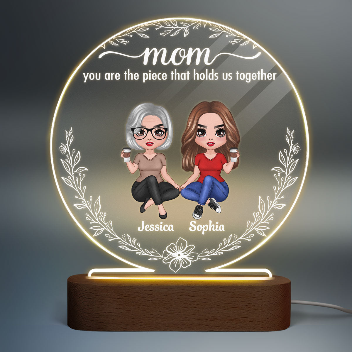 Doll Mother Daughters Simple Wreath Personalized Circle Plaque LED Night Light