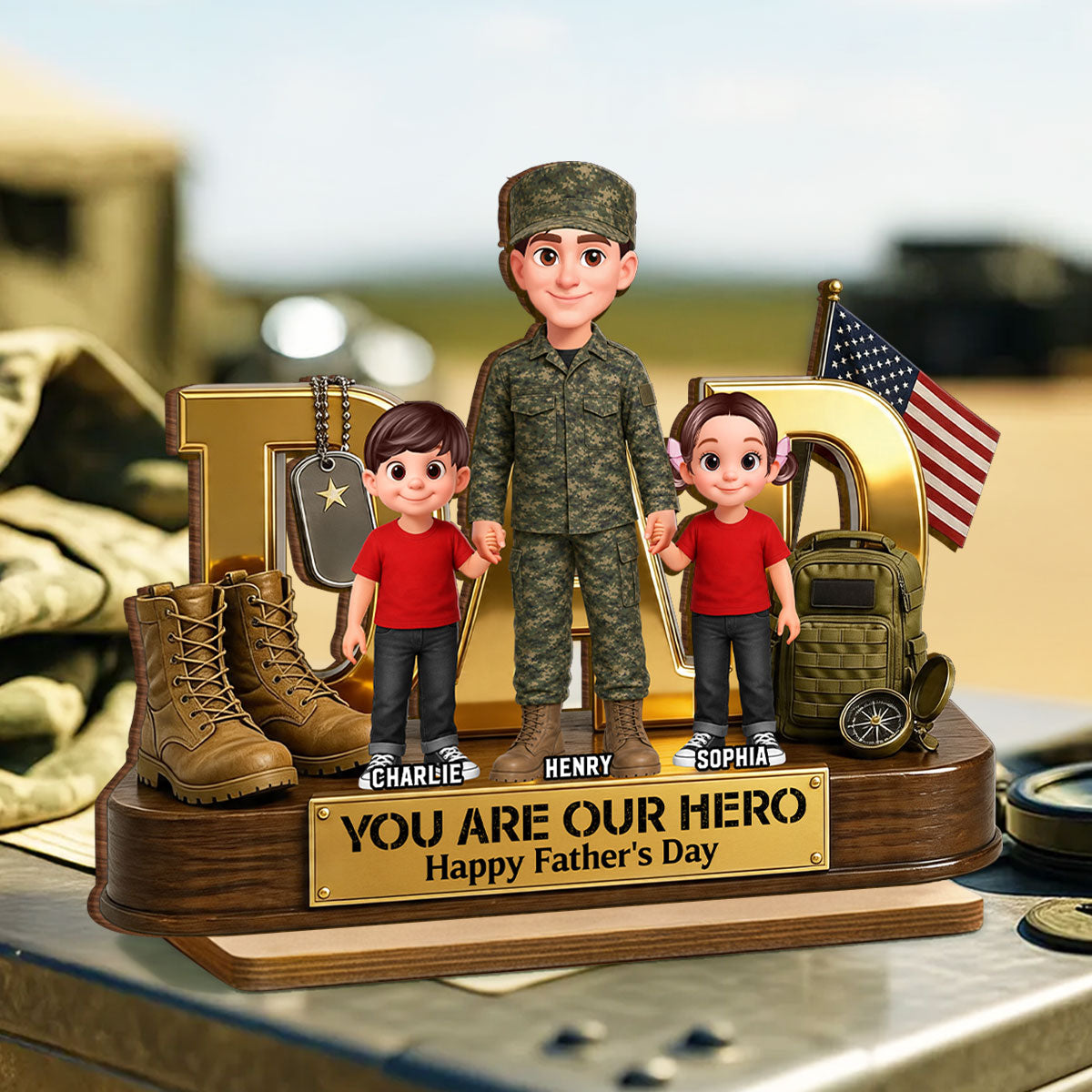 Proud American Millitary Dad - Personalized 2-Layered Wooden Plaque - Father's Day Gift For Dad, Husband
