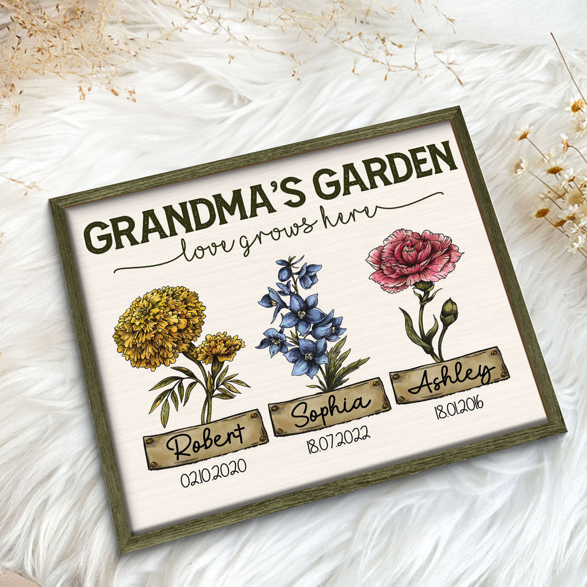Grandma‘s Garden Love Grows Here Vintage Birth Month Flower Personalized 2-Layer Wooden Plaque