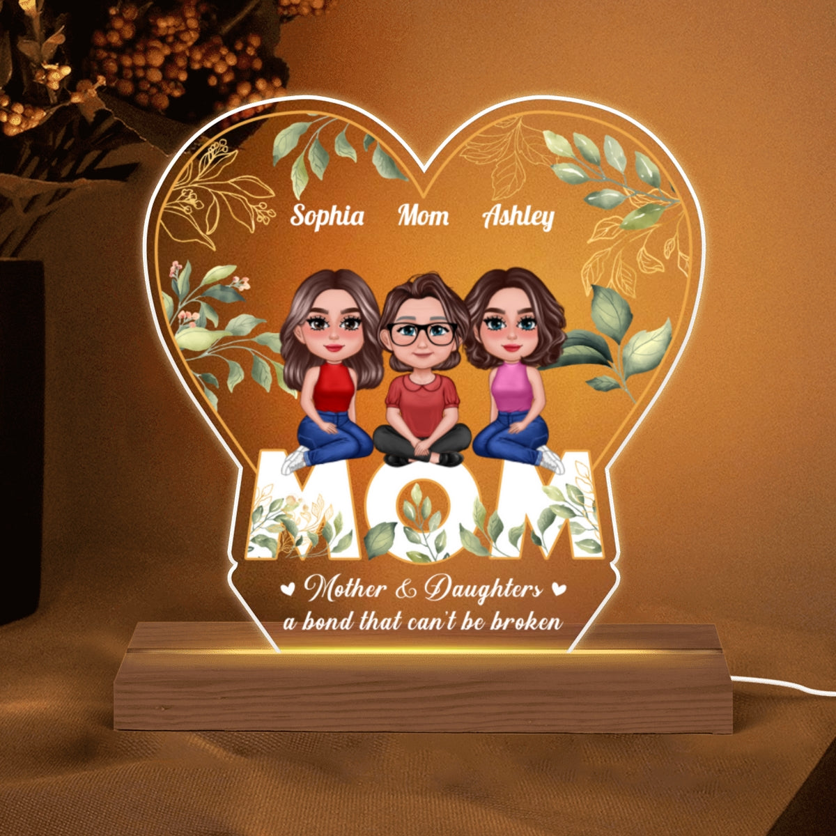 Watercolor Mother Daughter Floral Leaves Personalized Custom Shaped Acrylic Plaque With LED Night Light