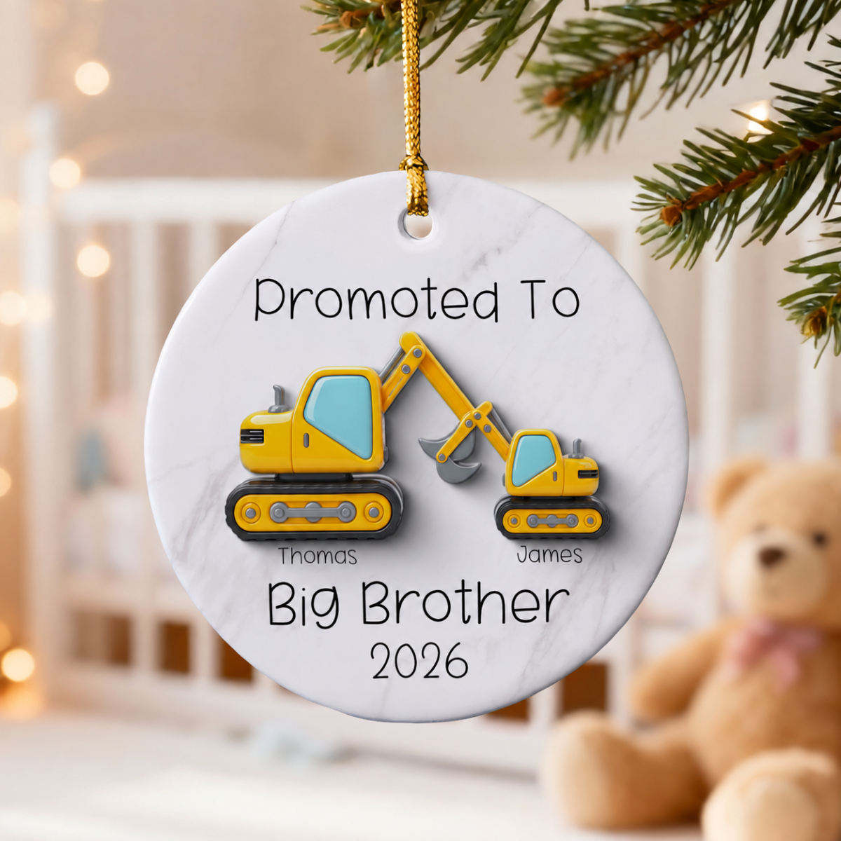 Promoted To Big Brother Big Sister 3D Effect Excavator - Personalized Ceramic Ornament - Proud New Big Siblings Gift