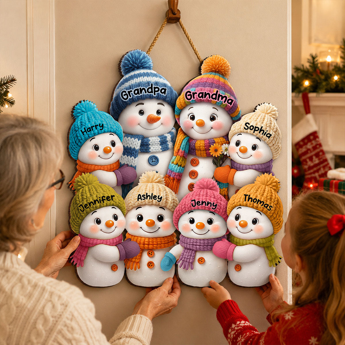 Snowman Grandparents and Grandkids - Personalized Wooden Door Sign - Cozy Christmas Decor for Grandparents