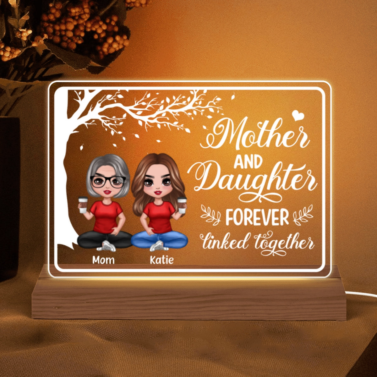 Doll Mom And Daughters Sitting Under Tree Personalized Custom Shape Acrylic Plaque LED Night Light