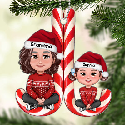 Grandma Grandkid Sitting On Candy Cane Christmas Gift For Granddaugter Grandson Personalized Acrylic Ornament