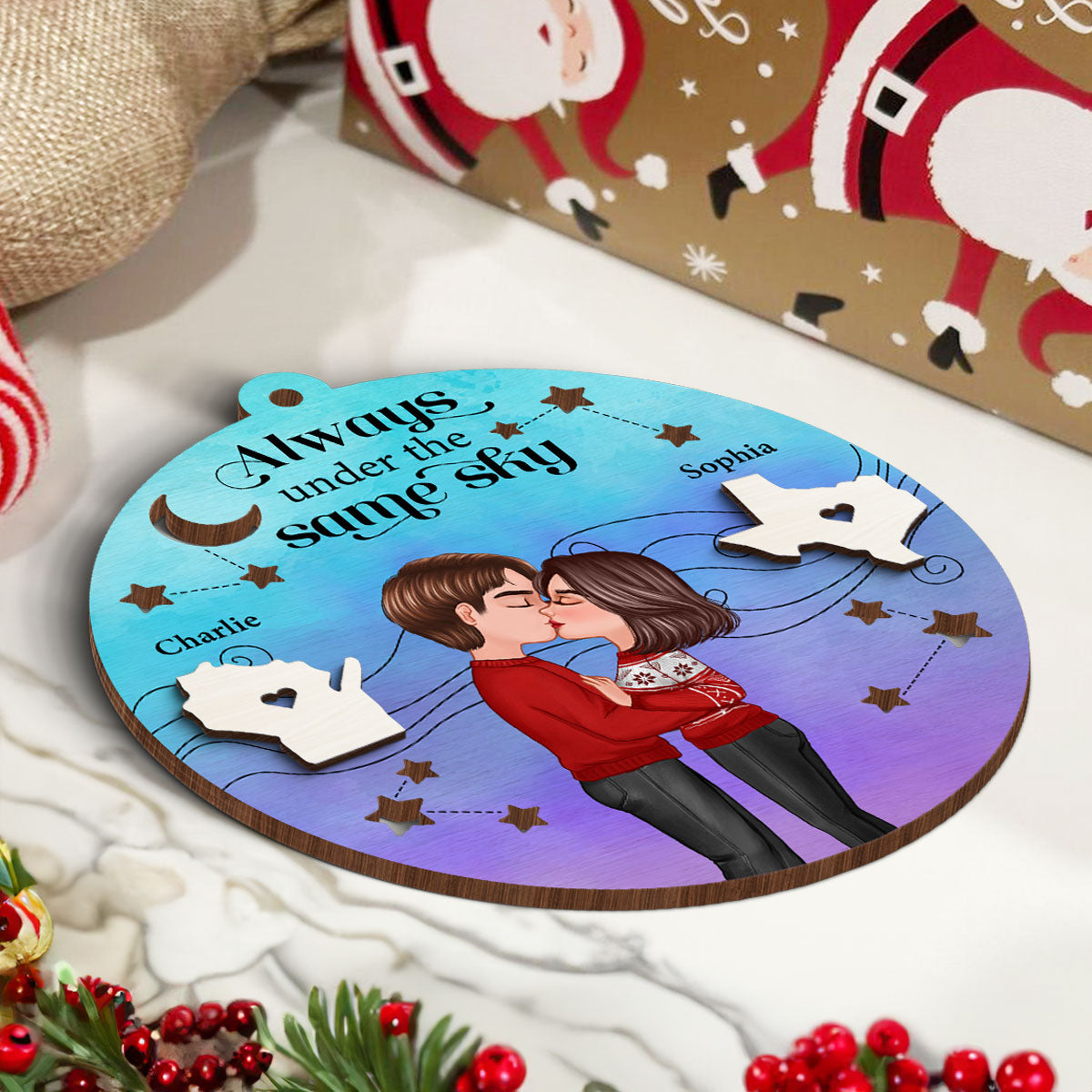 Always Under The Same Sky Personalized 2-Layer Wooden Ornament, Christmas Gifts for Boyfriend Long Distance Relationship Gift