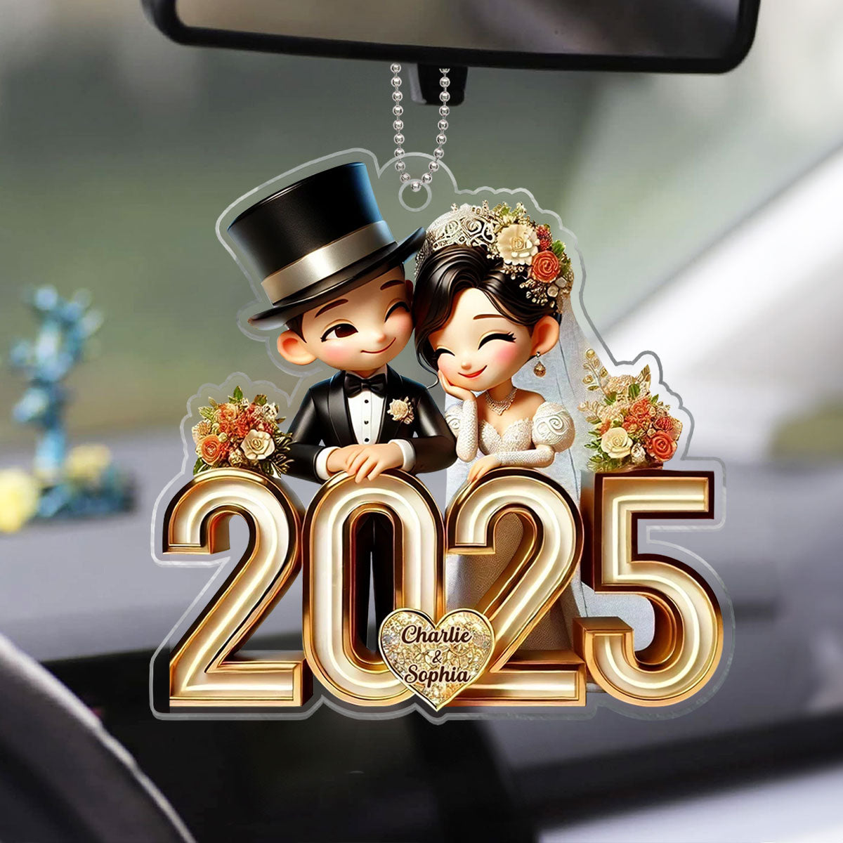 3D Effect Happy Newlywed Cartoon Couple Personalized Car Hanger Ornament, Gift For Him, For Her, For Newlywed Couple
