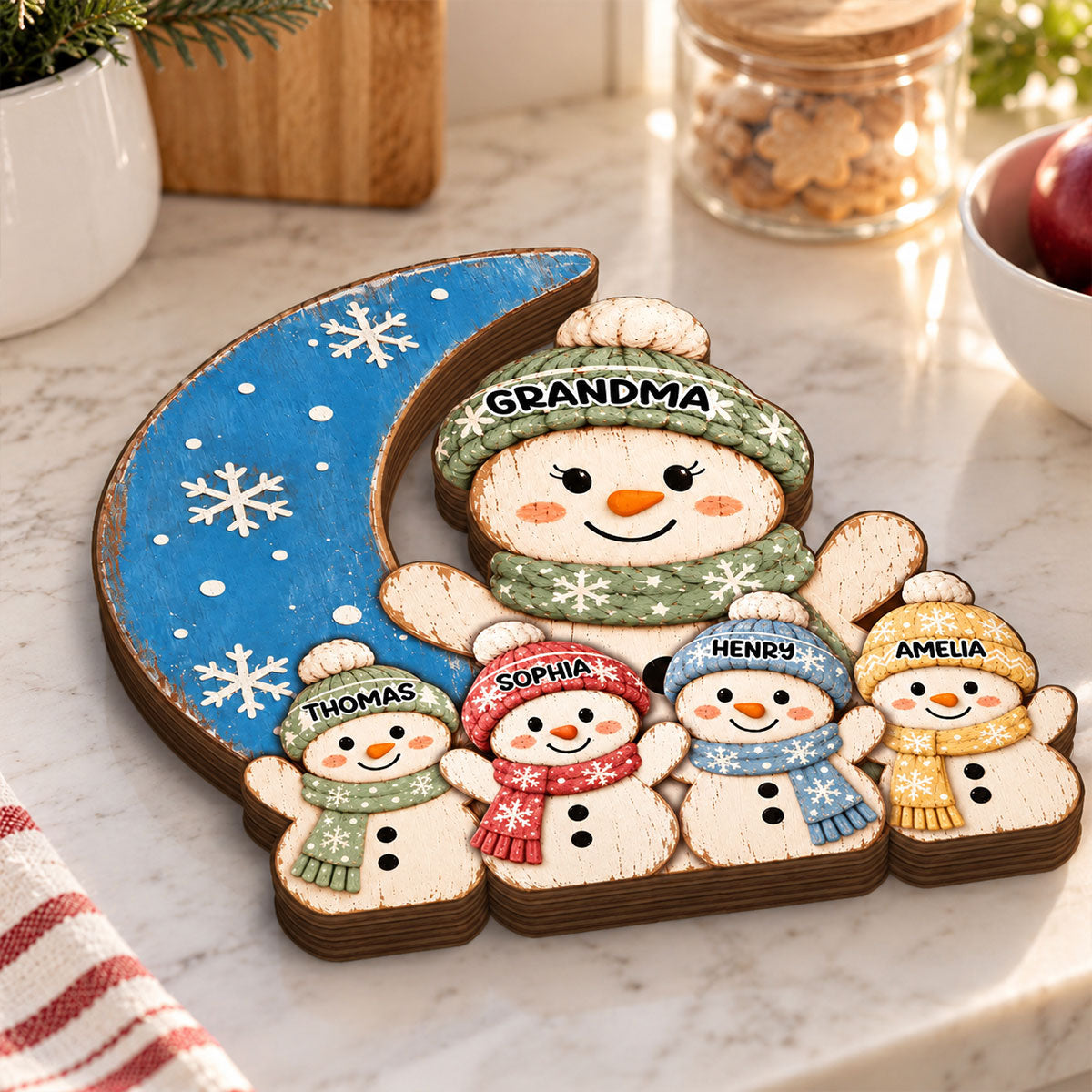Cozy Rustic Christmas Vibe Grandma Grandkids On Moon - Personalized Wooden Block Plaque - Christmas Decor For Grandparents
