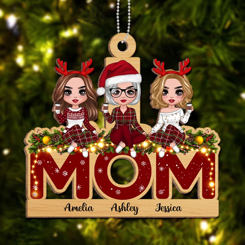 Doll Mom And Daughters Sitting On Word Personalized Wooden Ornament