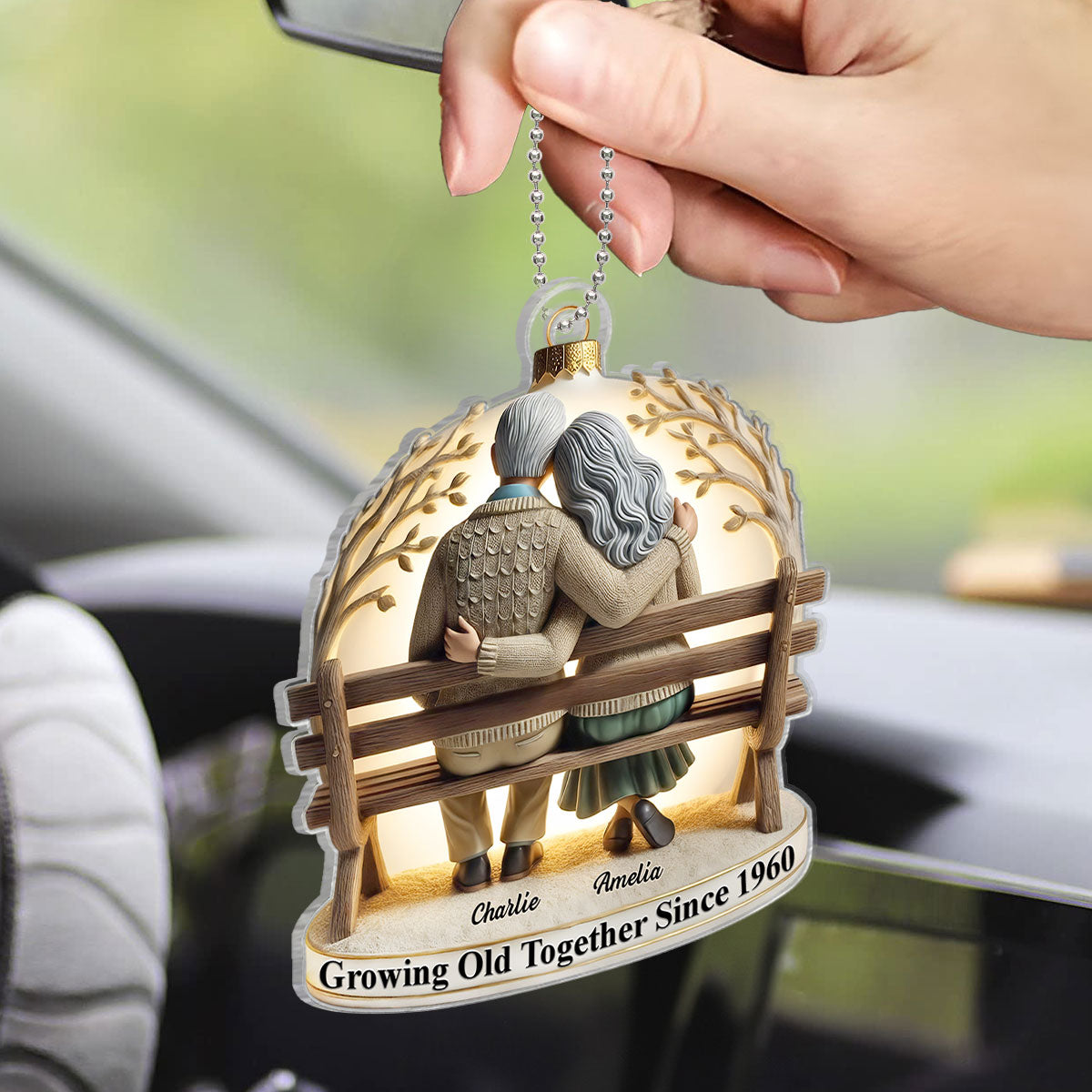 3D Effect Old Couple Sitting On Bench Together Personalized Car Hanger Ornament, Heartfelt Gift For Couple, For Him, For Her, Husband, Wife