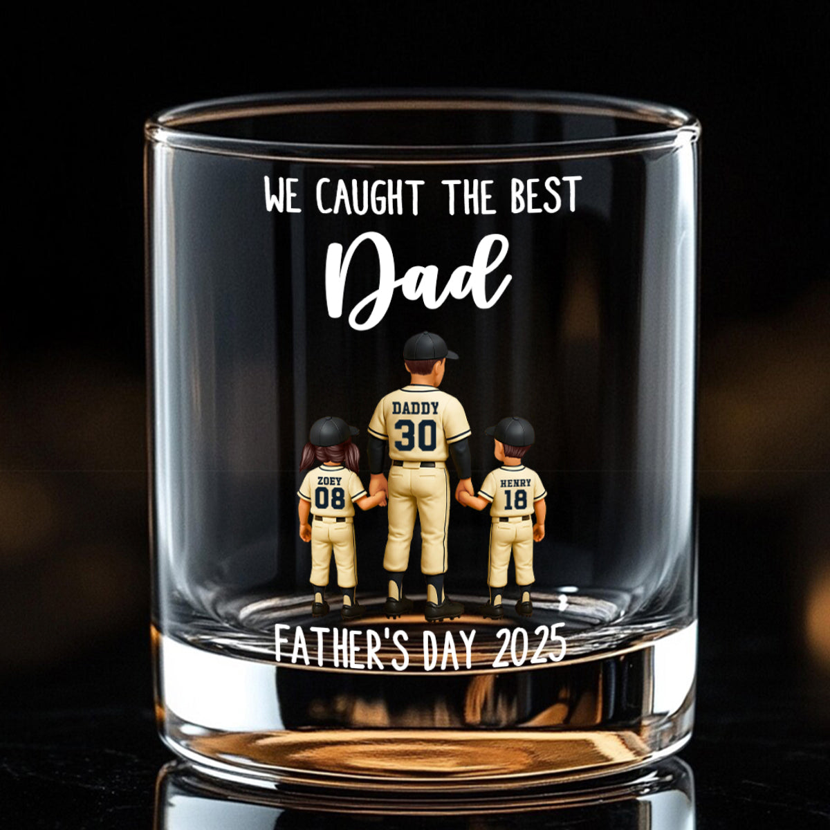 We Caught The Best Dad Baseball Personalized Whiskey Glass, Dad And Kids Holdhing Hands, Father's Day Gift for Dads