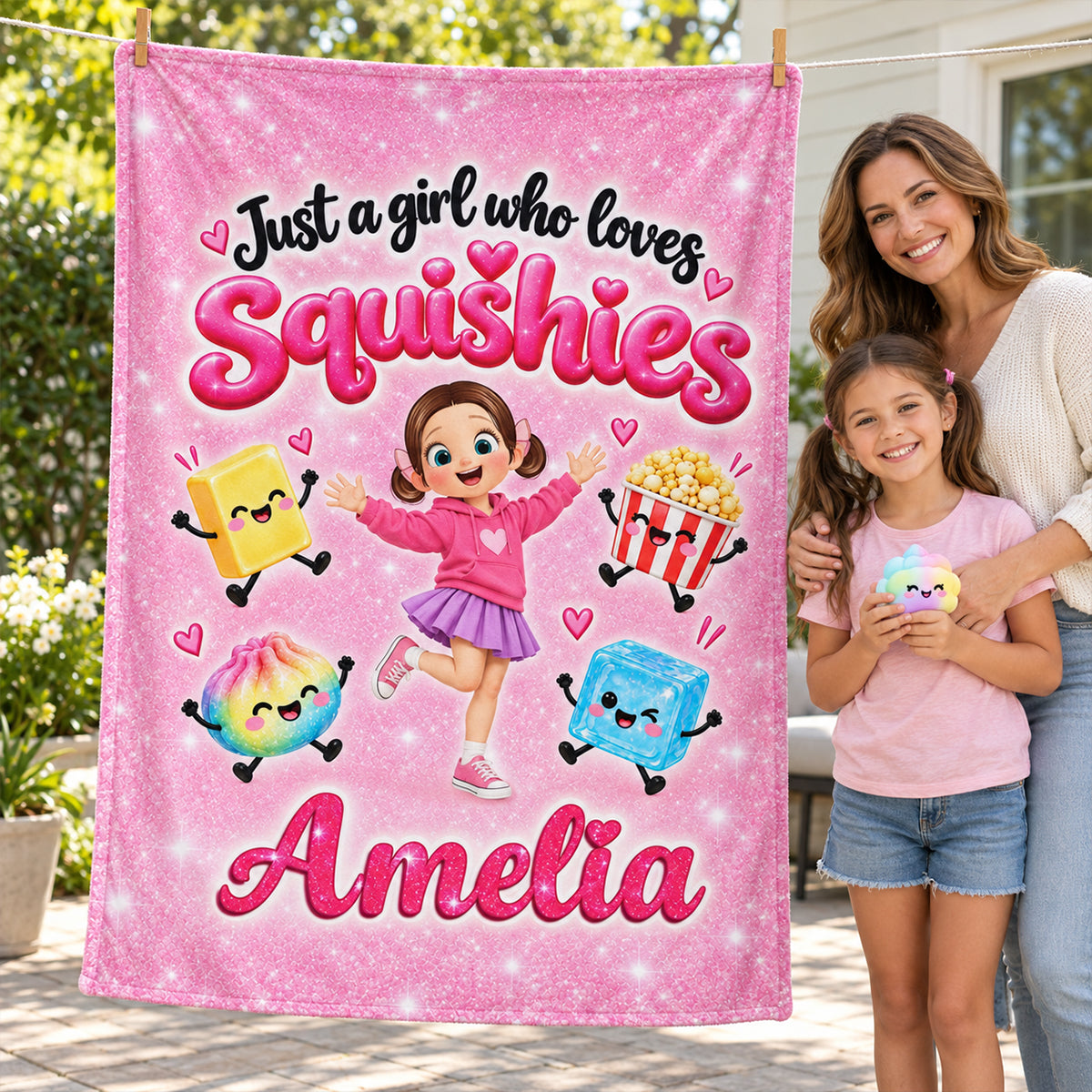Cute Girl Loves Squishies - Personalized Fleece Blanket - Gift For Daughter, Granddaughter