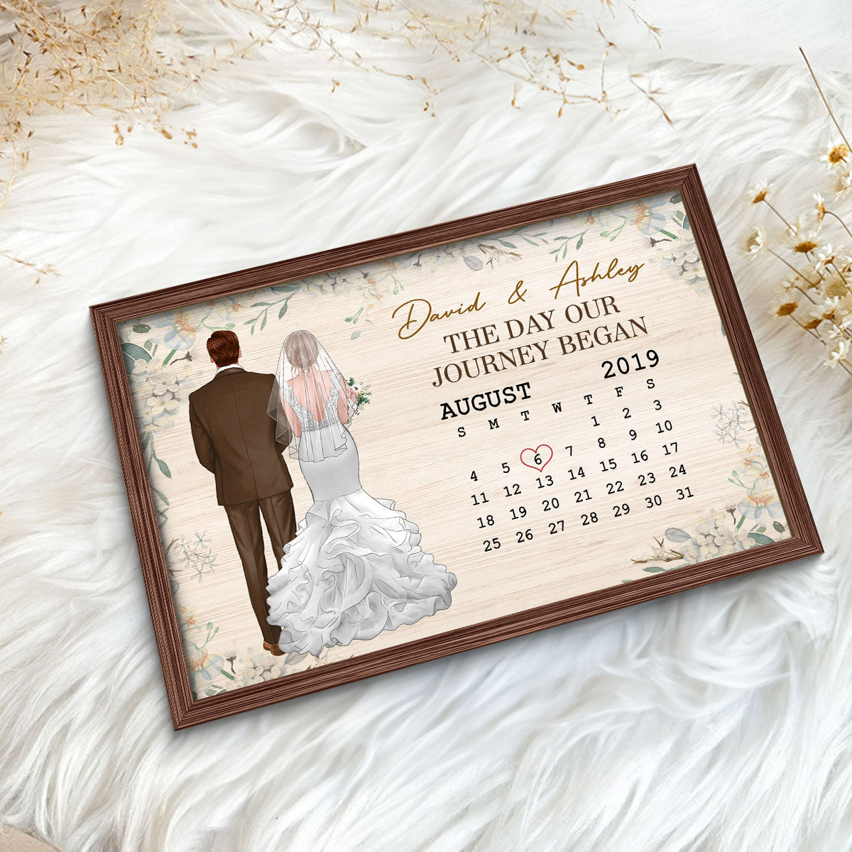 Back View Couple Wedding Anniversary Date Calendar Personalized 2-Layer Wooden Plaque