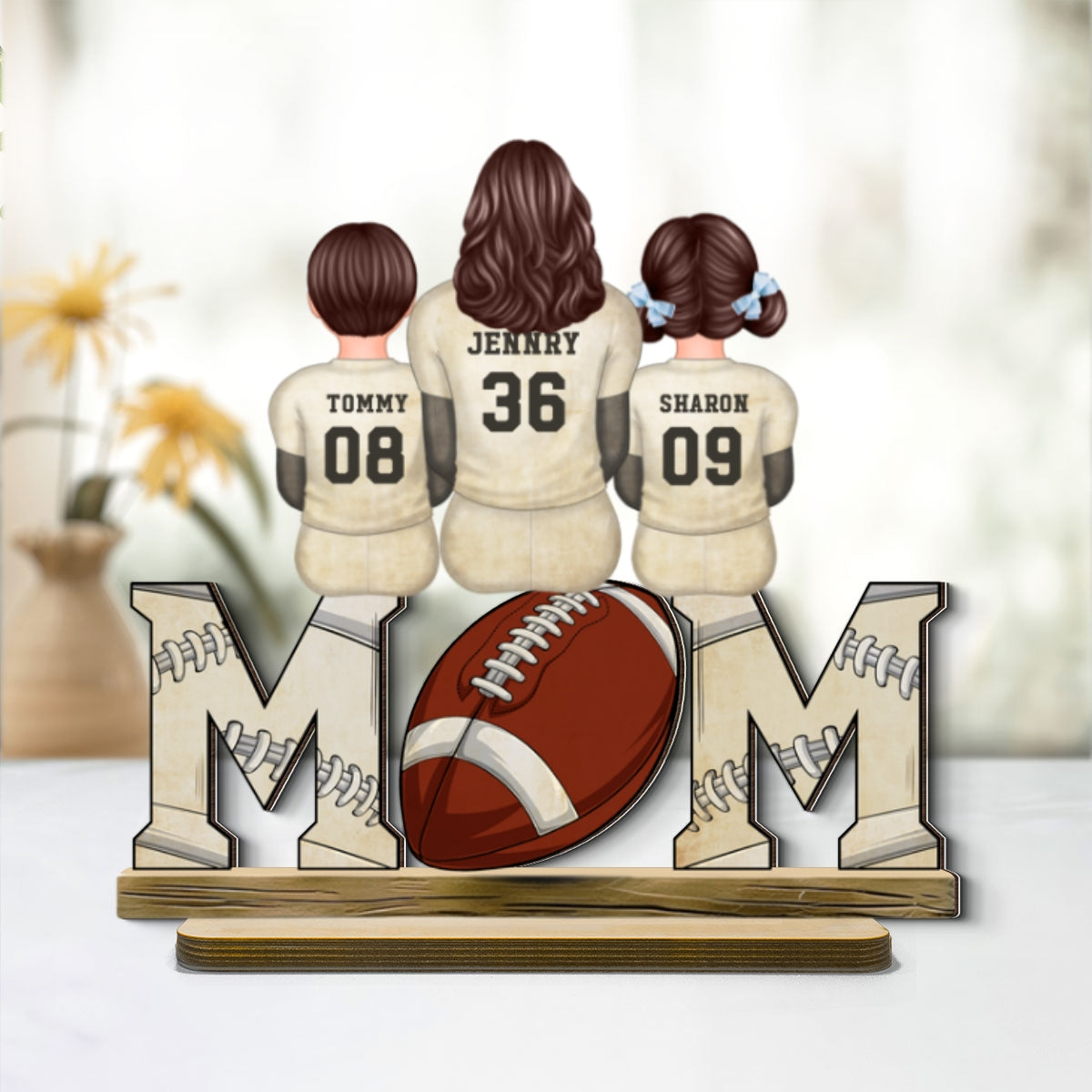 Football Mom And Kids Personalized Standing Wooden Plaque, Gift for Mom, Gift for Wife