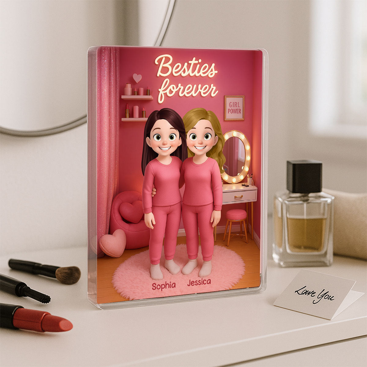 3D Effect Besties Pink Tone Dream Dollhouse Personalized Flat Rectangle Acrylic Block Plaque