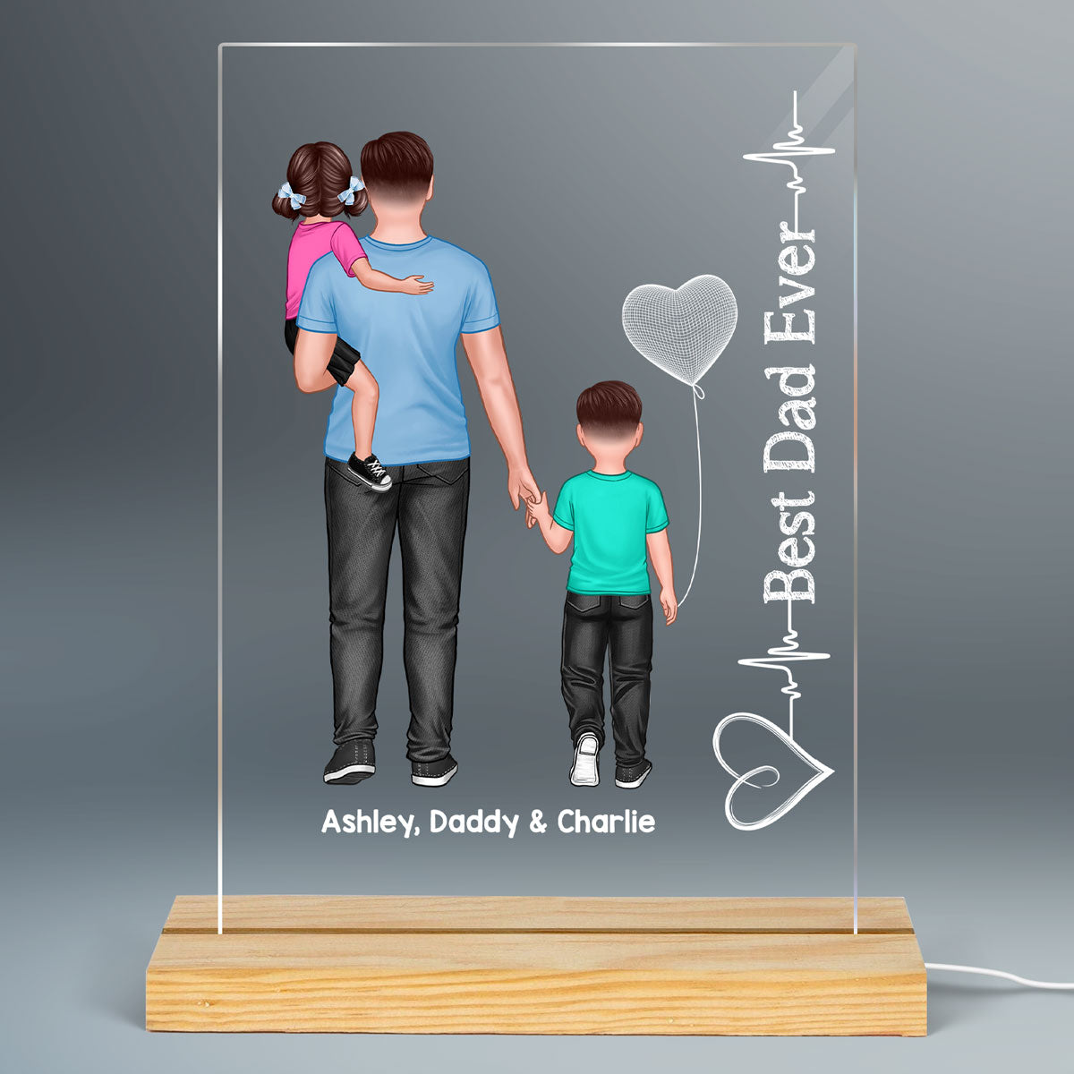 Dad Holding Kids Heart Beat Personalized Rectangle Acrylic LED Night Light