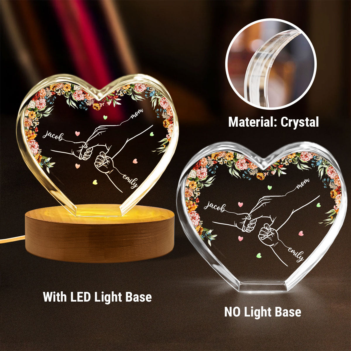 Personalized Name Mom And Kid Hands Premium Crystal Heart LED, A Timeless Treasure for Mom, Free Shipping Included