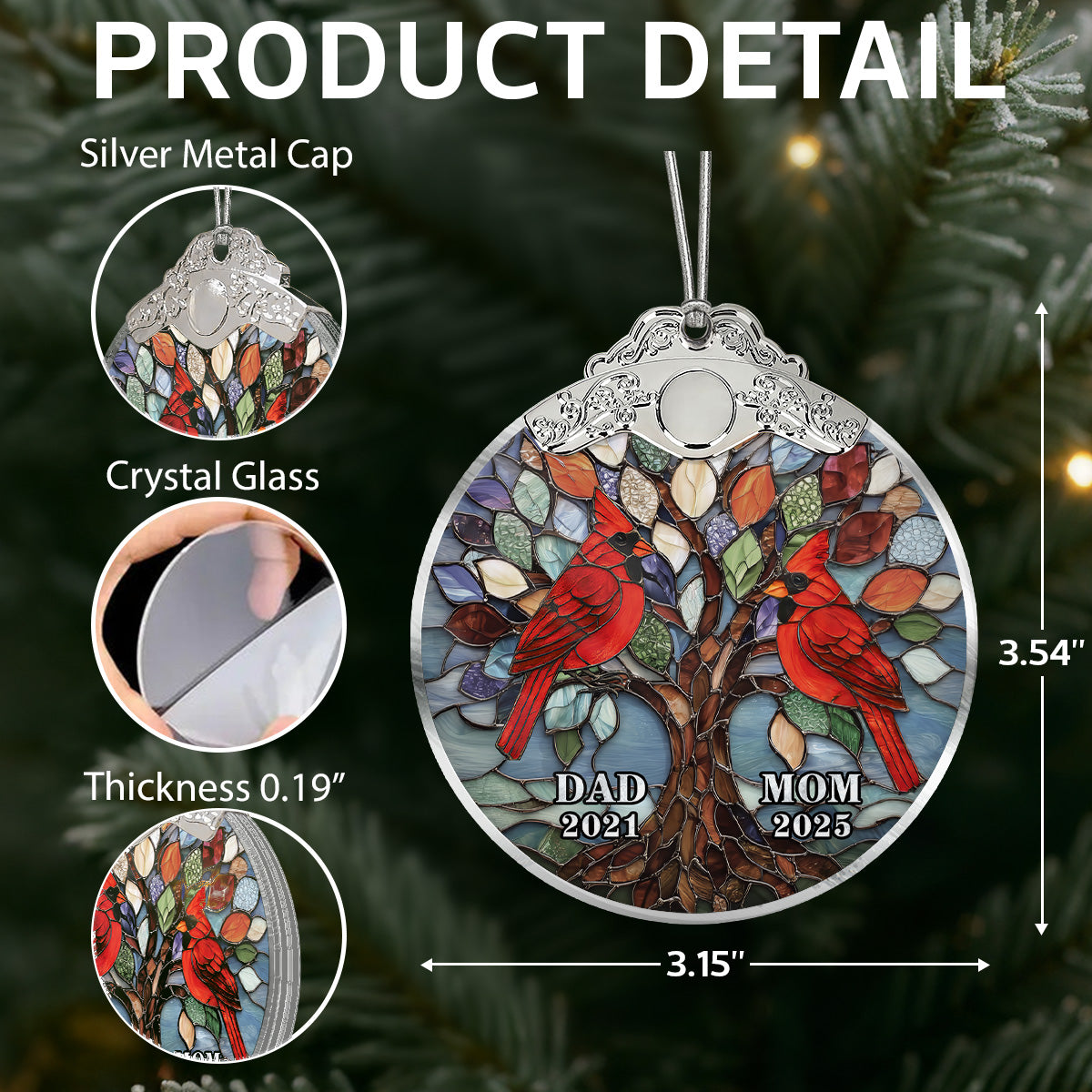 Tree Of Life Cardinals Mom Dad Mosaic Effect - Personalized Glass Ornament With Silver Cap - Christmas Memorial Keepsake For Family