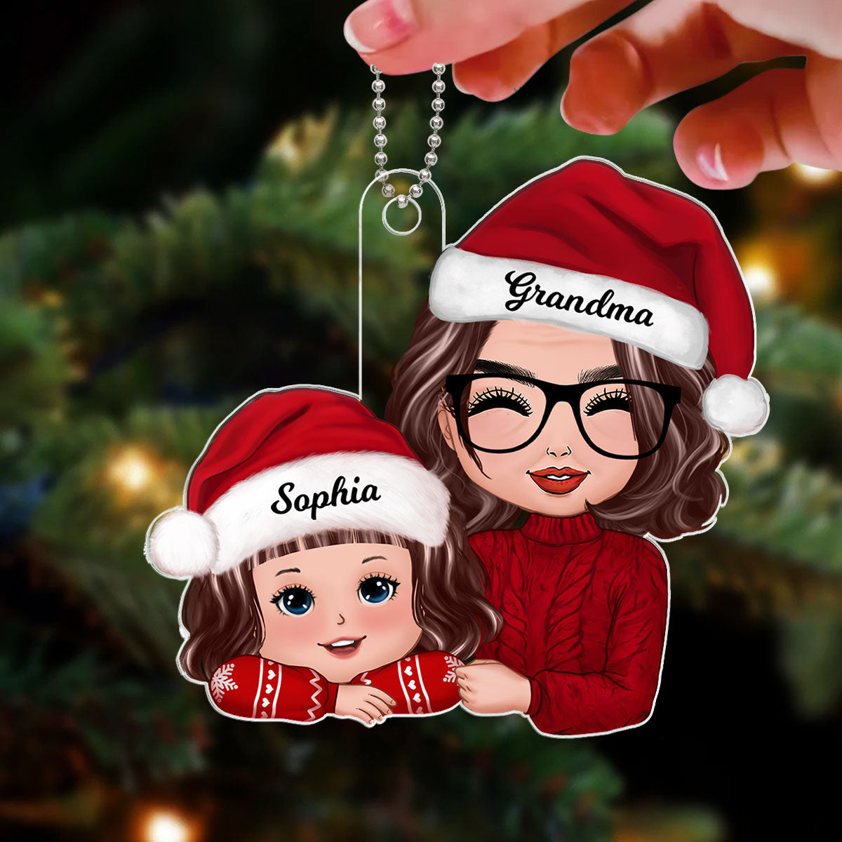 Grandma & Grandkid Chin On Hands Christmas Gift For Grandson Granddaughter Personalized Acrylic Ornament