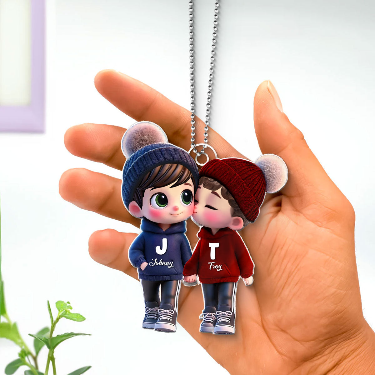 Personalized 3D Cartoon Gay Couple Car Ornament – Cute Acrylic Gift for Pride Month