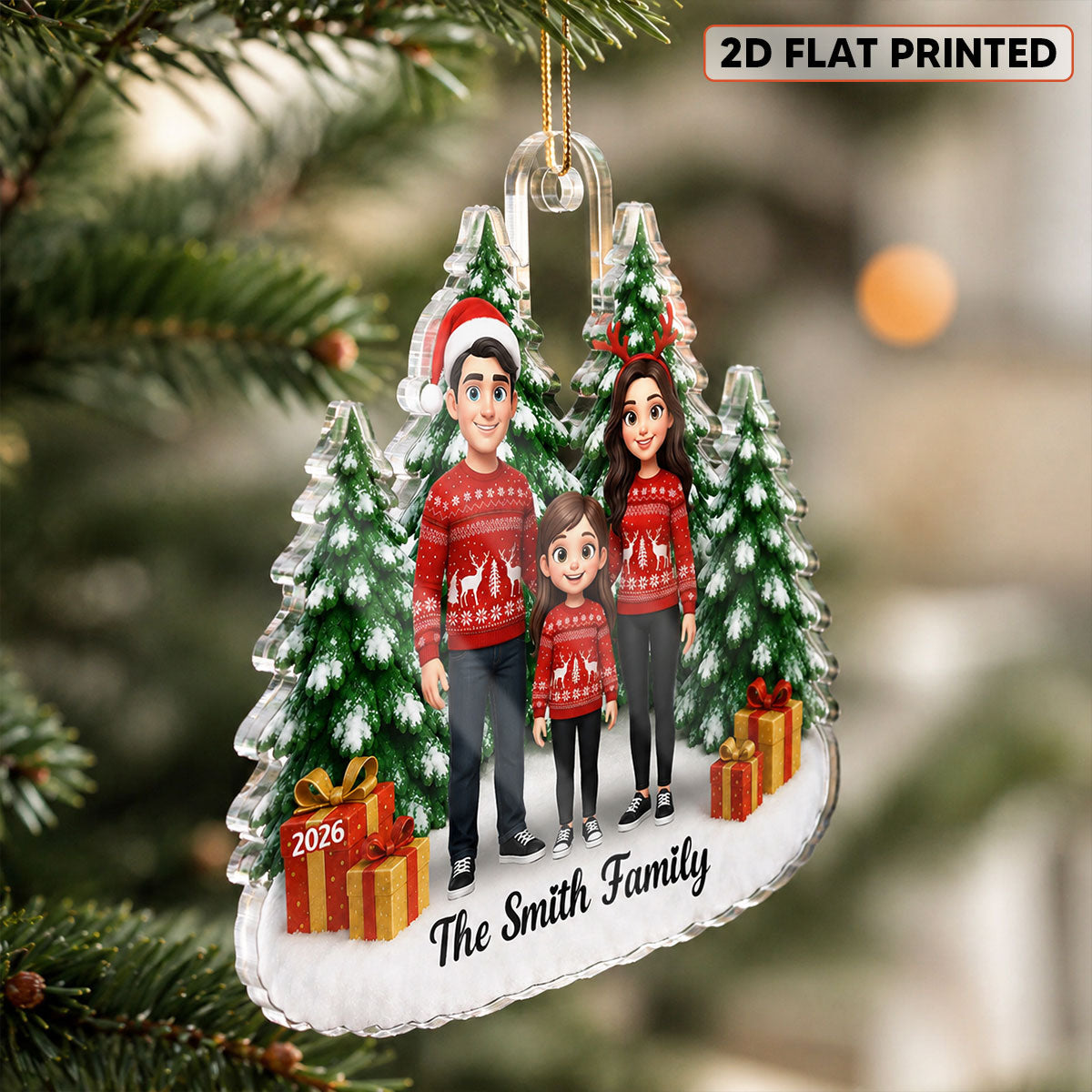 Cartoon Family Portrait From Photo Christmas Tree - Personalized Acrylic Ornament - Christmas Keepsake
