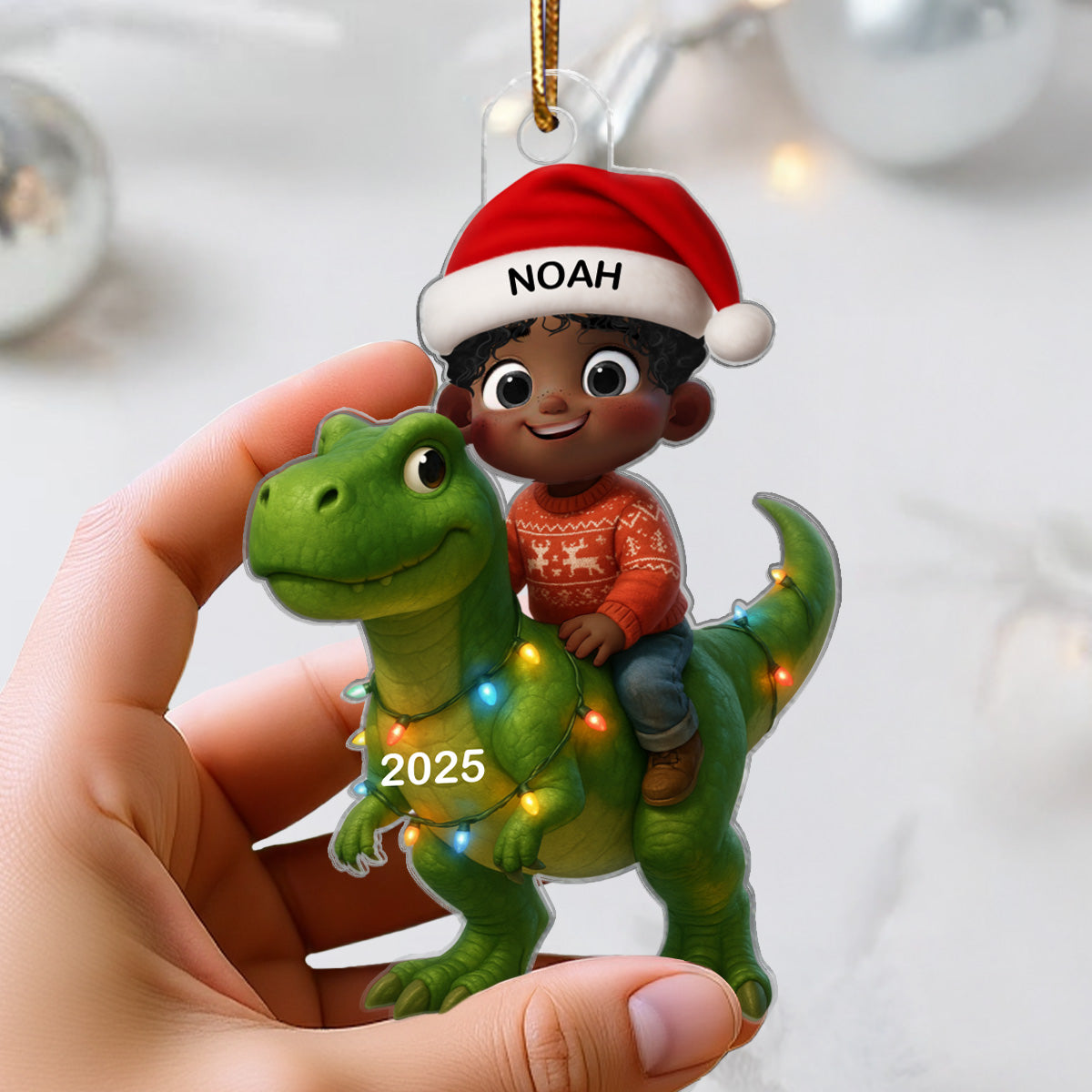3D Effect Cute Cartoon Kid Boy And Girl With Dinosaur Christmas Personalized Flat Acrylic Ornament, Unique Gift For Kids, Grandkids