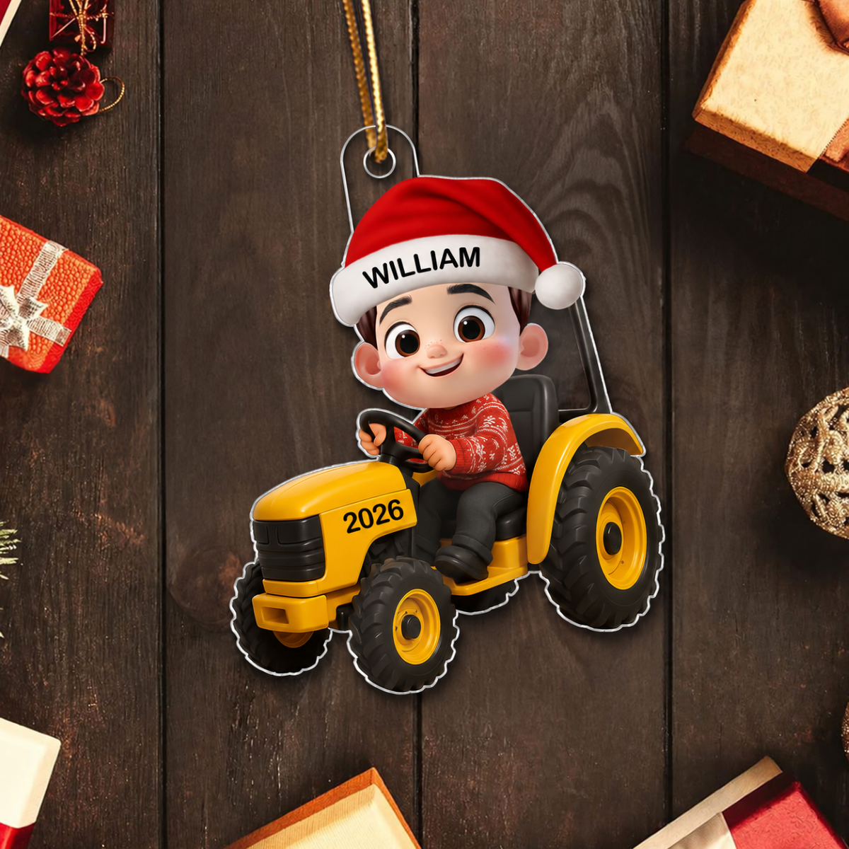 3D Effect Little Boy Kid With Construction Vehicle Excavator Backhoe Tractor Christmas Personalized Acrylic Ornament
