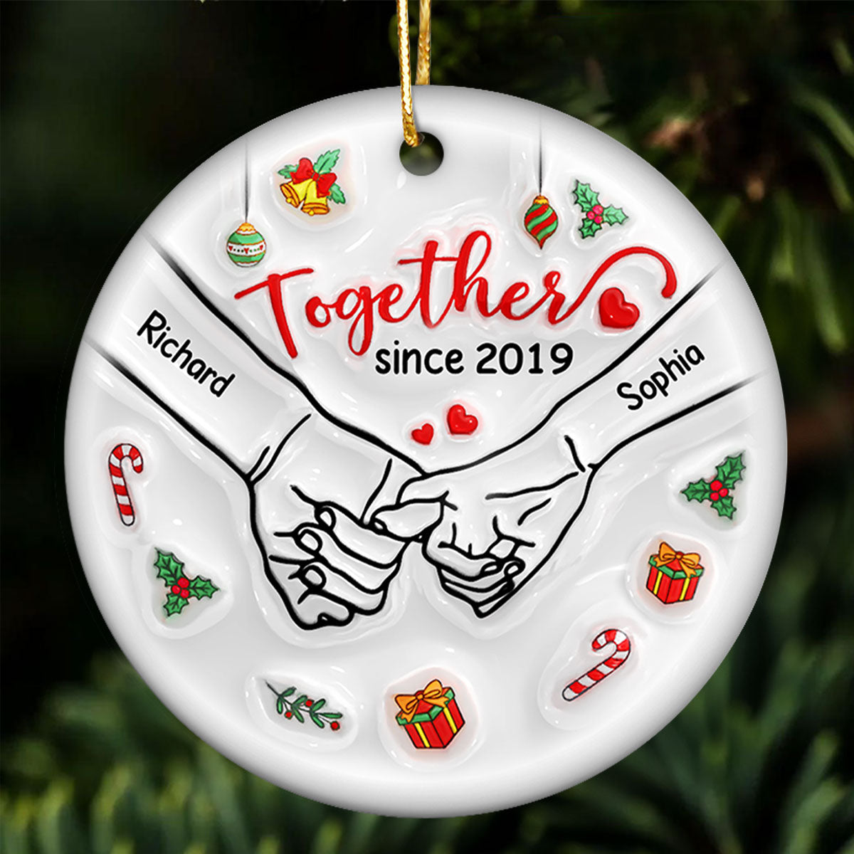 3D Inflated Couple Holding Hands Personalized Ceramic Ornament, Christmas Gift For Him, For Her