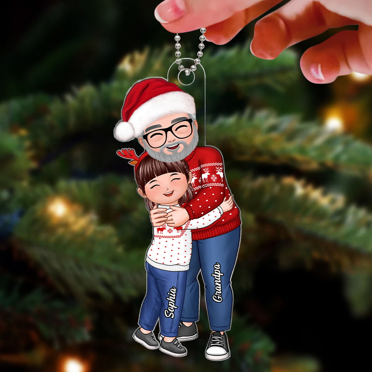 Grandpa & Grandkid Hugging Doll Style Christmas Gift For Grandpa Grandchildren Personalized Acrylic Ornament
