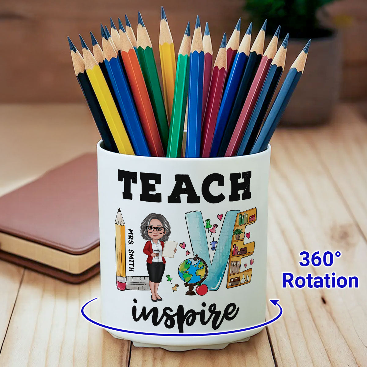 Teach Love Inspire Doll Teacher Pattern Personalized Rotating Pen Holder, Back To School Gift, Teacher Appriciation Gift