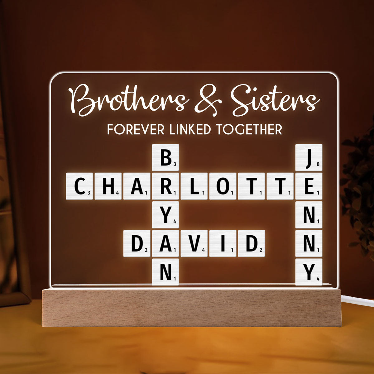 Brothers & Sisters Forever Linked Together Crossword Puzzle Art Personalized Acrylic Warm LED Night Light, Perfect Gift For Brothers, Sisters, Siblings, Family