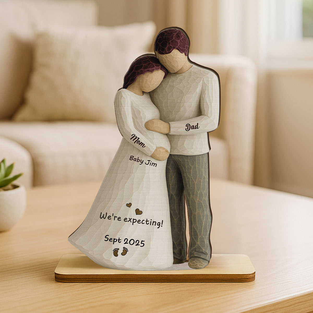 Waiting For You With All Our Hearts Couple Expecting Baby 3D Effect Personalized Standing Wooden Plaque, Baby Shower Gift For Parents-to-be