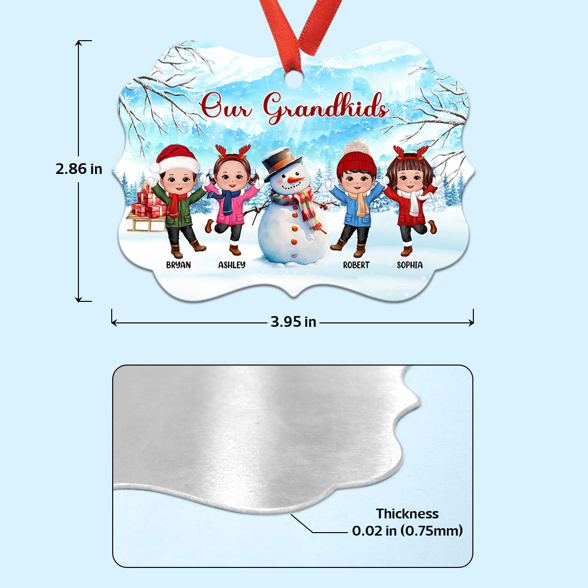 Happy Doll Kids Playing In Snow With Snowman Personalized Christmas Ornament