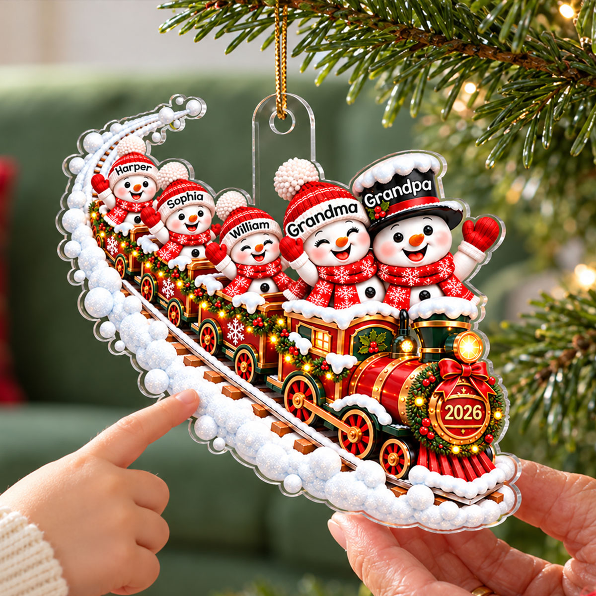 Snowman Family Grandparents Train 2D Flat - Personalized Acrylic Ornament – Christmas Family Keepsake Gift