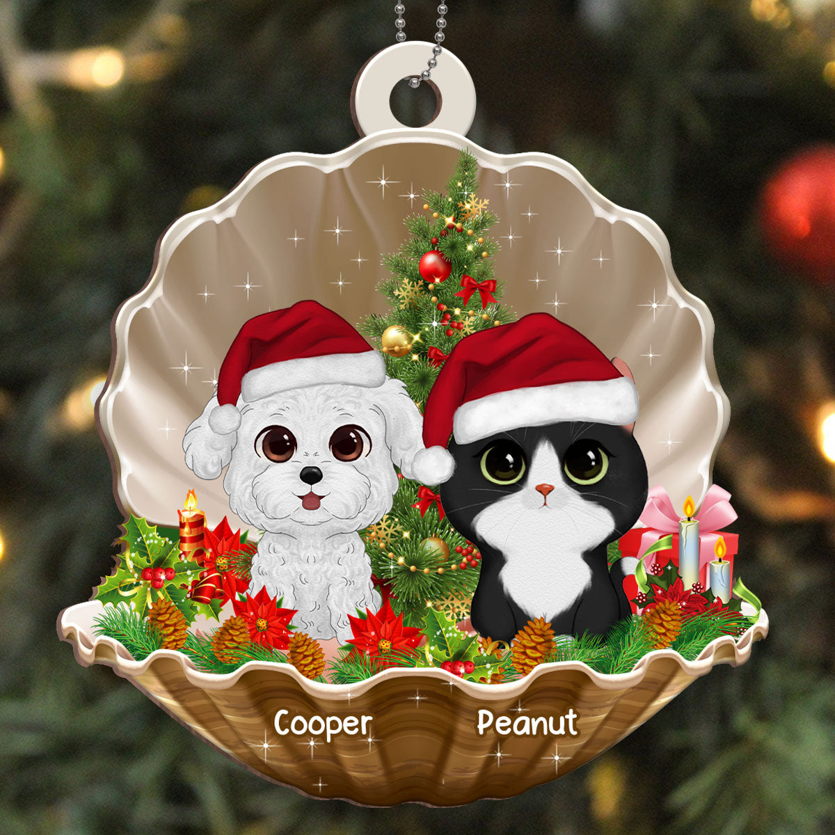 Watercolor Cute Dogs And Cats In Pearl Shell Christmas Personalized Wooden Ornament