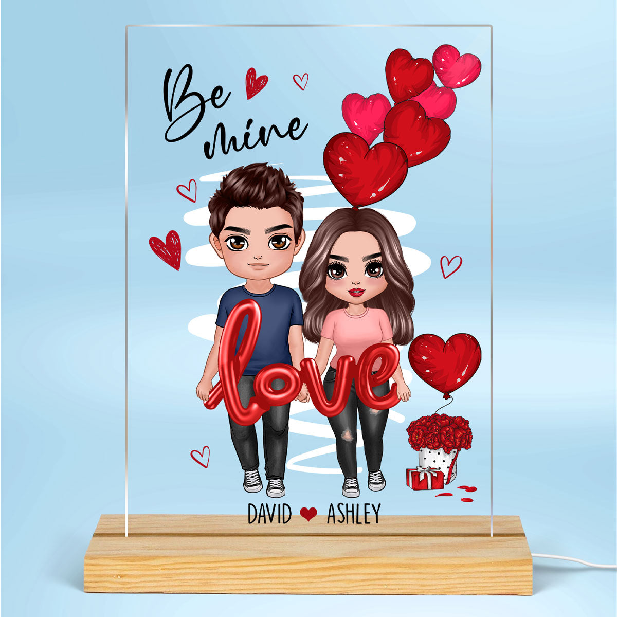 Be Mine Love Balloon Couple Personalized Plaque LED Night Light - Gift For Him Gift For Her