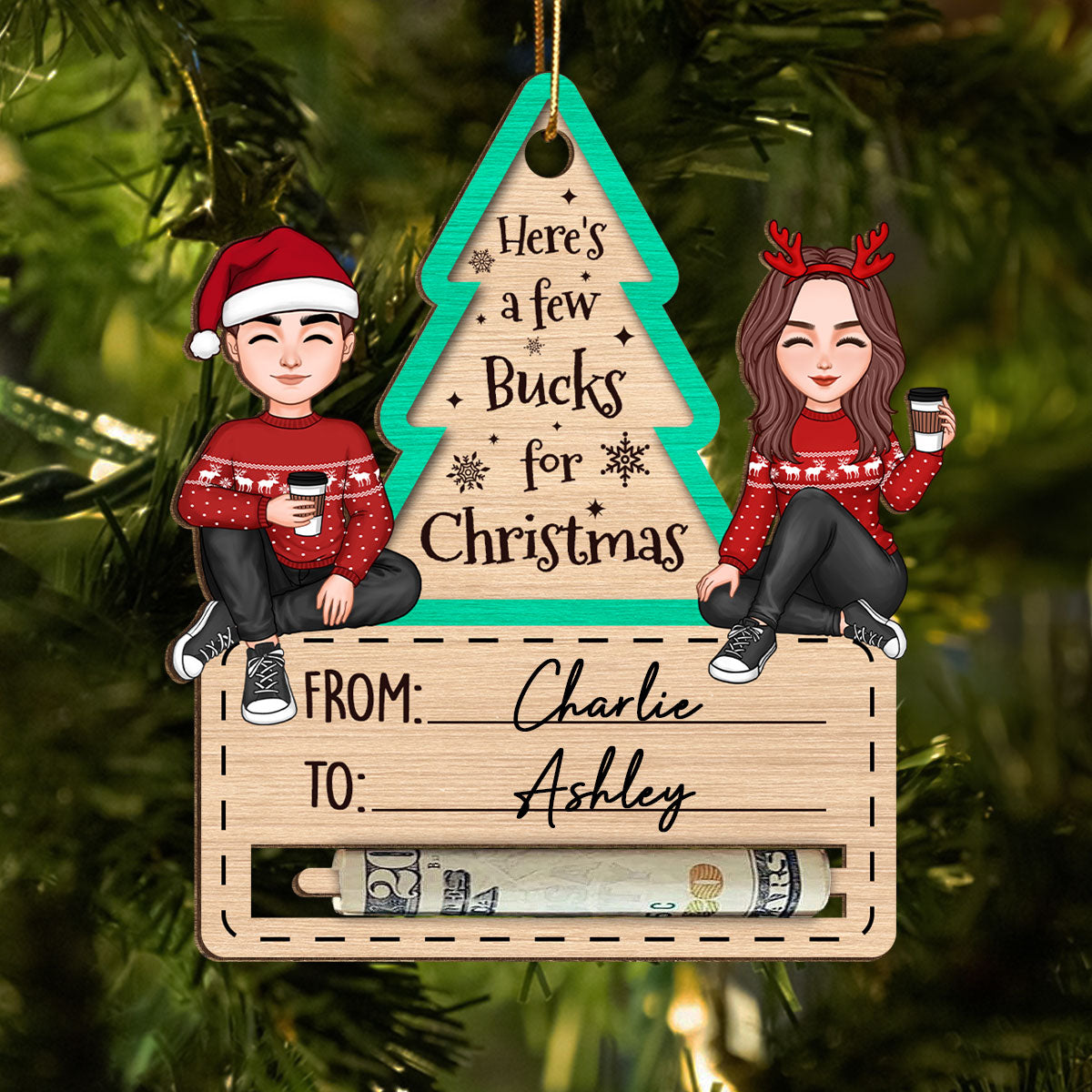 Happy Couple Sitting Christmas Money Holder Personalized Wooden Ornament