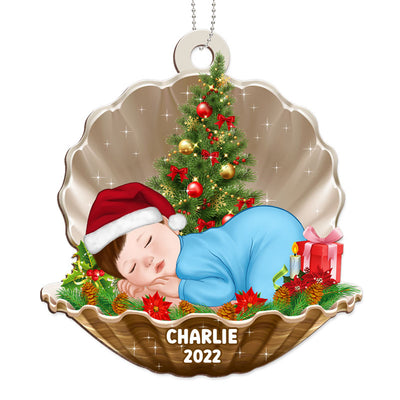 Baby In Pearl Shell Personalized Christmas Wooden Ornament