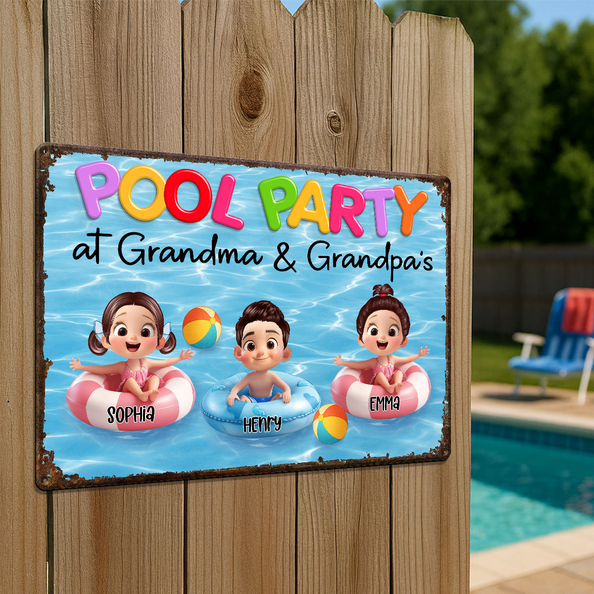 Pool Party At Grandma Grandpa Personalized Metal Sign, Grandchildren Welcome Sign