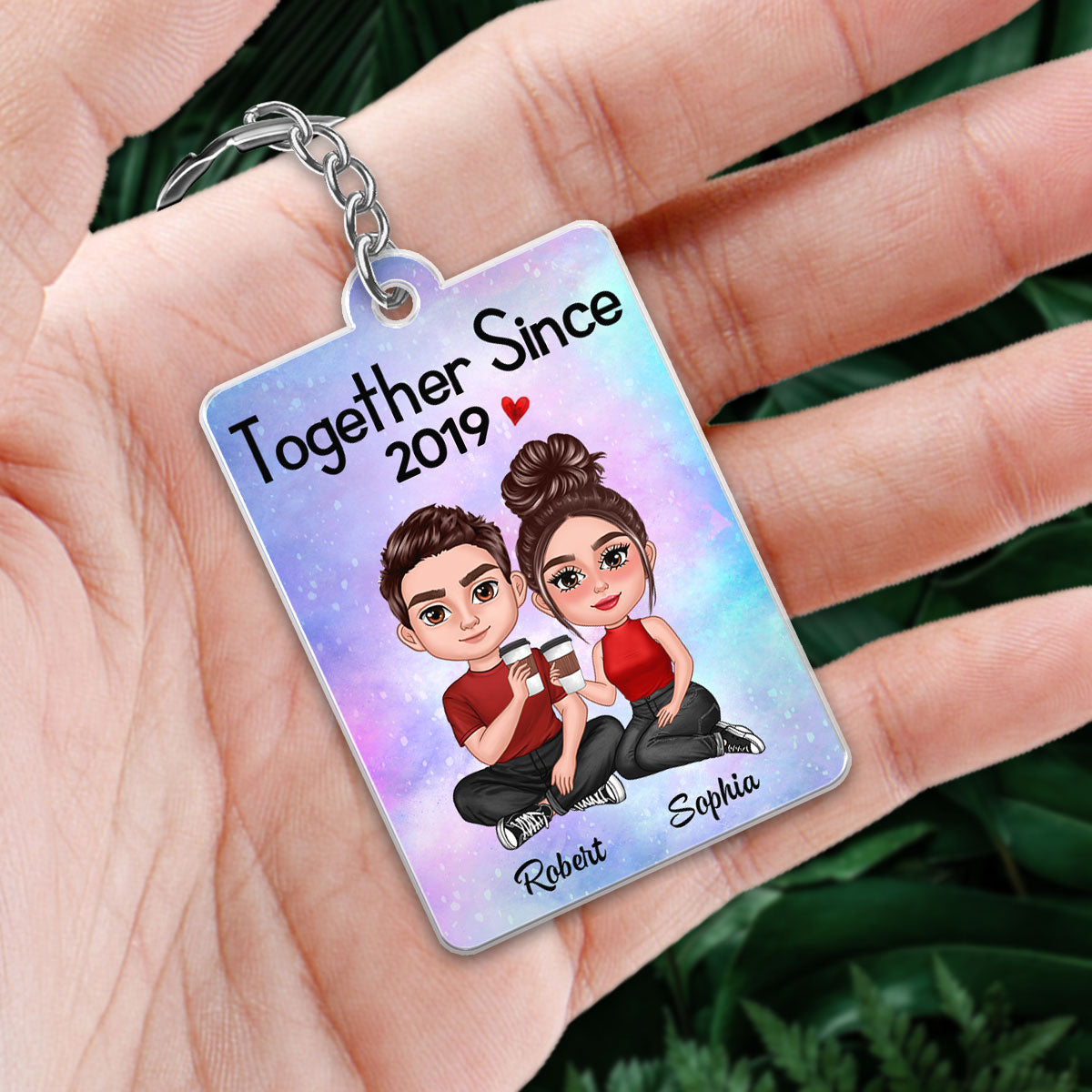 Doll Couple Sitting Together Favorite Song Scannable QR Code Personalized Acrylic Keychain