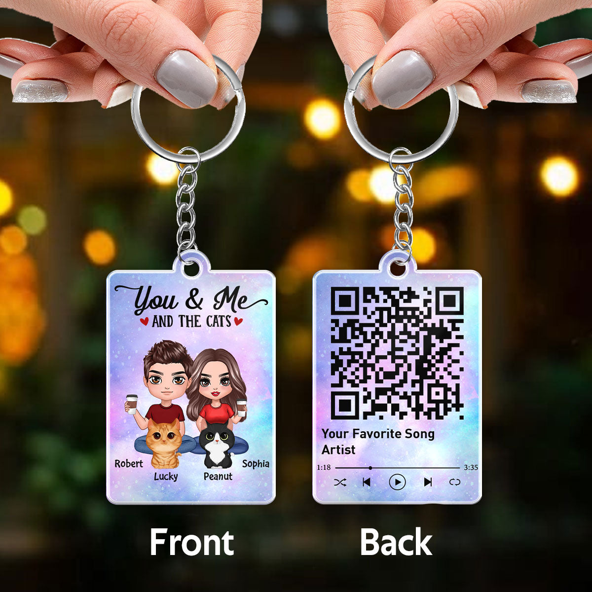 Doll Couple Sitting With Cute Watercolor Cats Favorite Song QR Code Personalized Acrylic Keychain