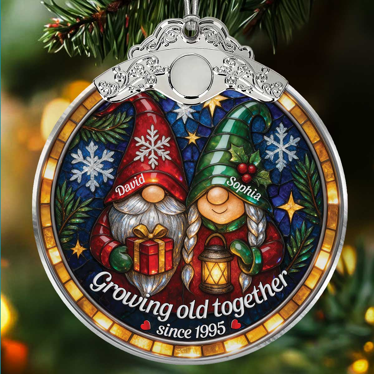 Retro Vintage Gnome Couple Growing Old Together Stained Glass Style - Personalized Glass Ornament With Silver Cap