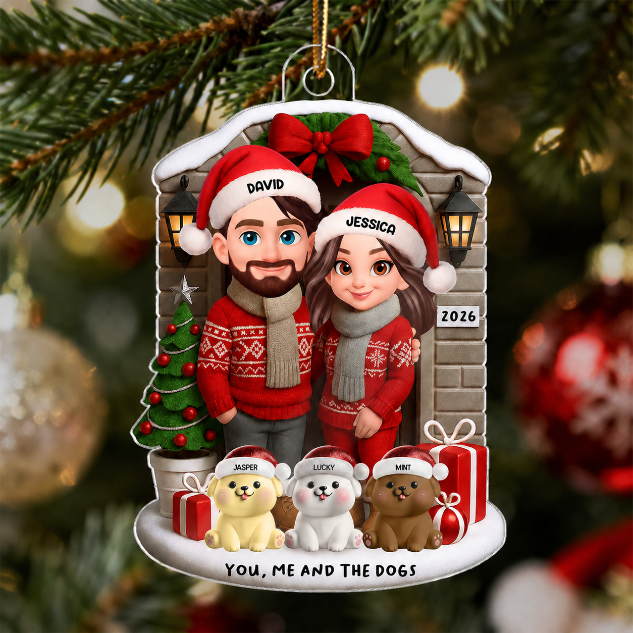 Joyful Couple And Dogs Cats Christmas - Personalized Acrylic Ornament
