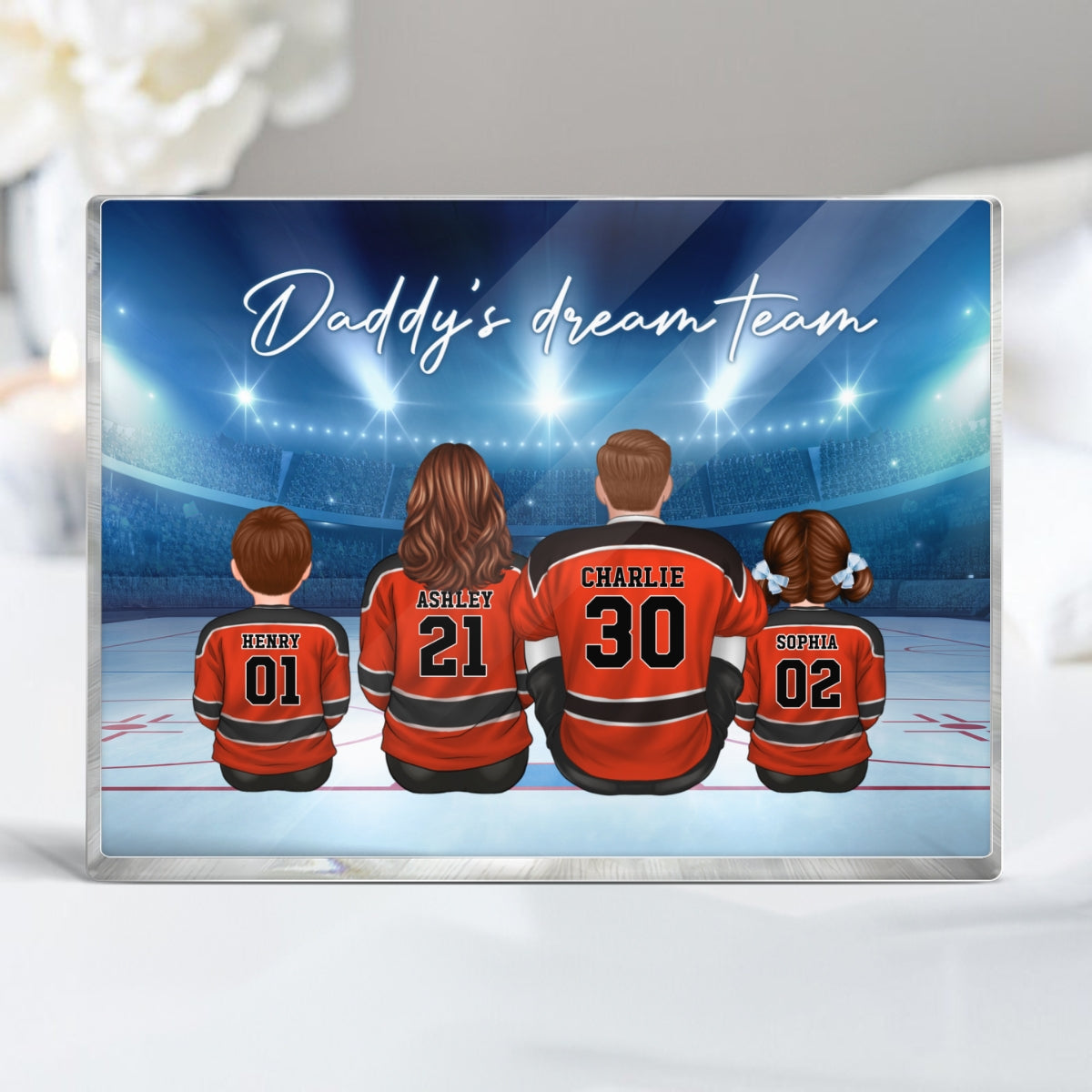 Daddy's Team Hockey Family Sitting Personalized Acrylic Block, Unique Father's Day Gift for Dad, Gift for Husband