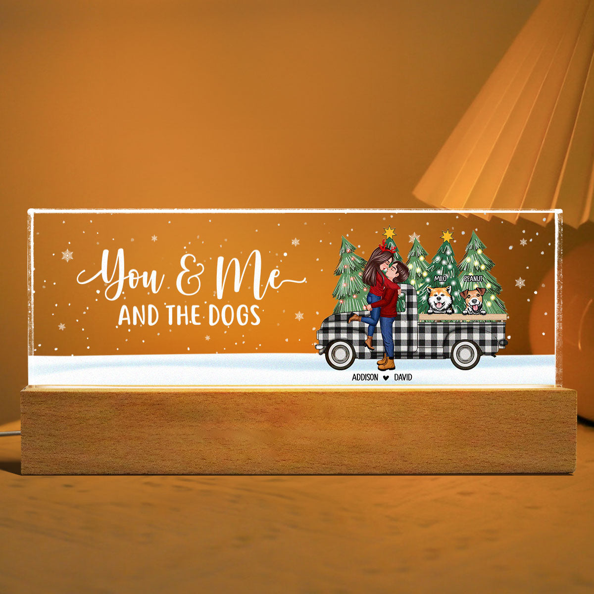 You Me And The Dogs Christmas Truck Personalized Acrylic Block LED Night Light, Christmas Gift for Couples