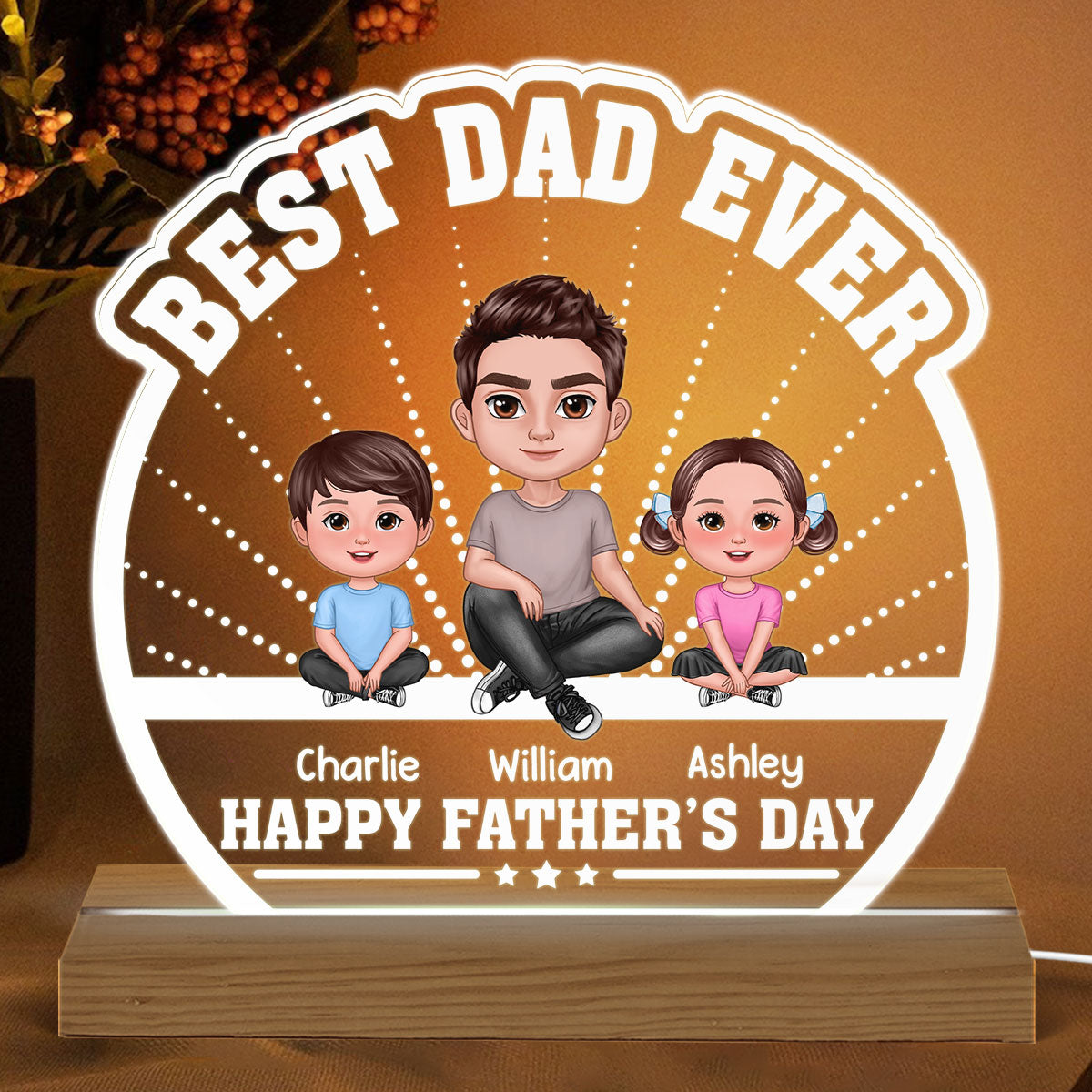 Best Dad Ever Doll Man Sitting With Kids Dog Cat Personalized Custom Shaped Acrylic Plaque With Warm LED Night Light