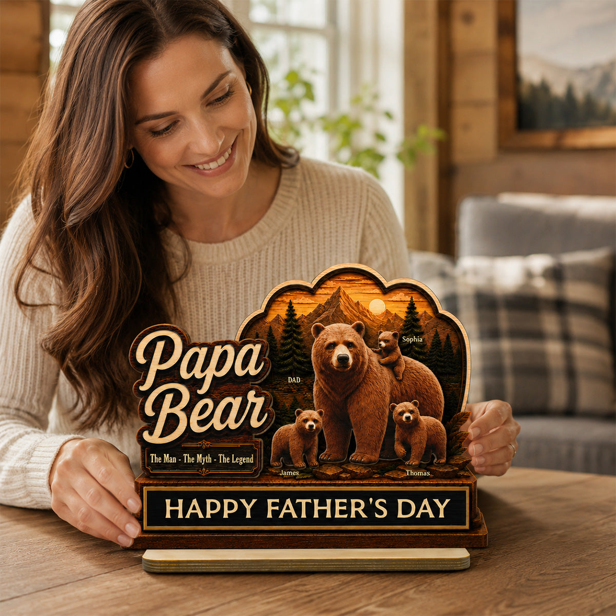 Papa Bear The Man The Myth The Legend 2D Flat - Personalized 2-Layered Wooden Plaque - Father's Day Gift For Husband, Dad
