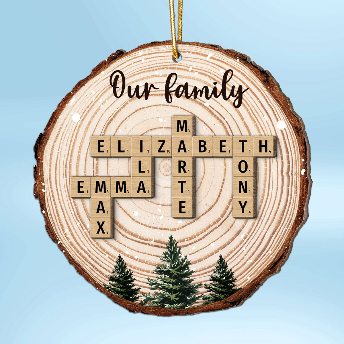 Christmas Tree Wood Pattern Family Names Puzzle Crossword Personalized 2-Layer Wooden Ornament, Christmas Gift For Family