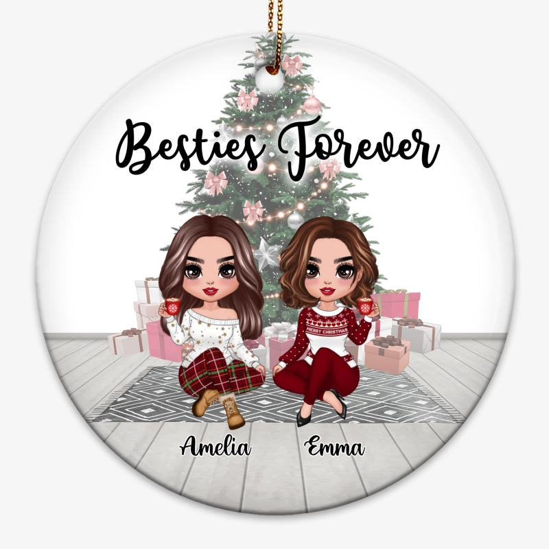 Christmas Tree Background Besties Sisters Personalized Circle Ornament
