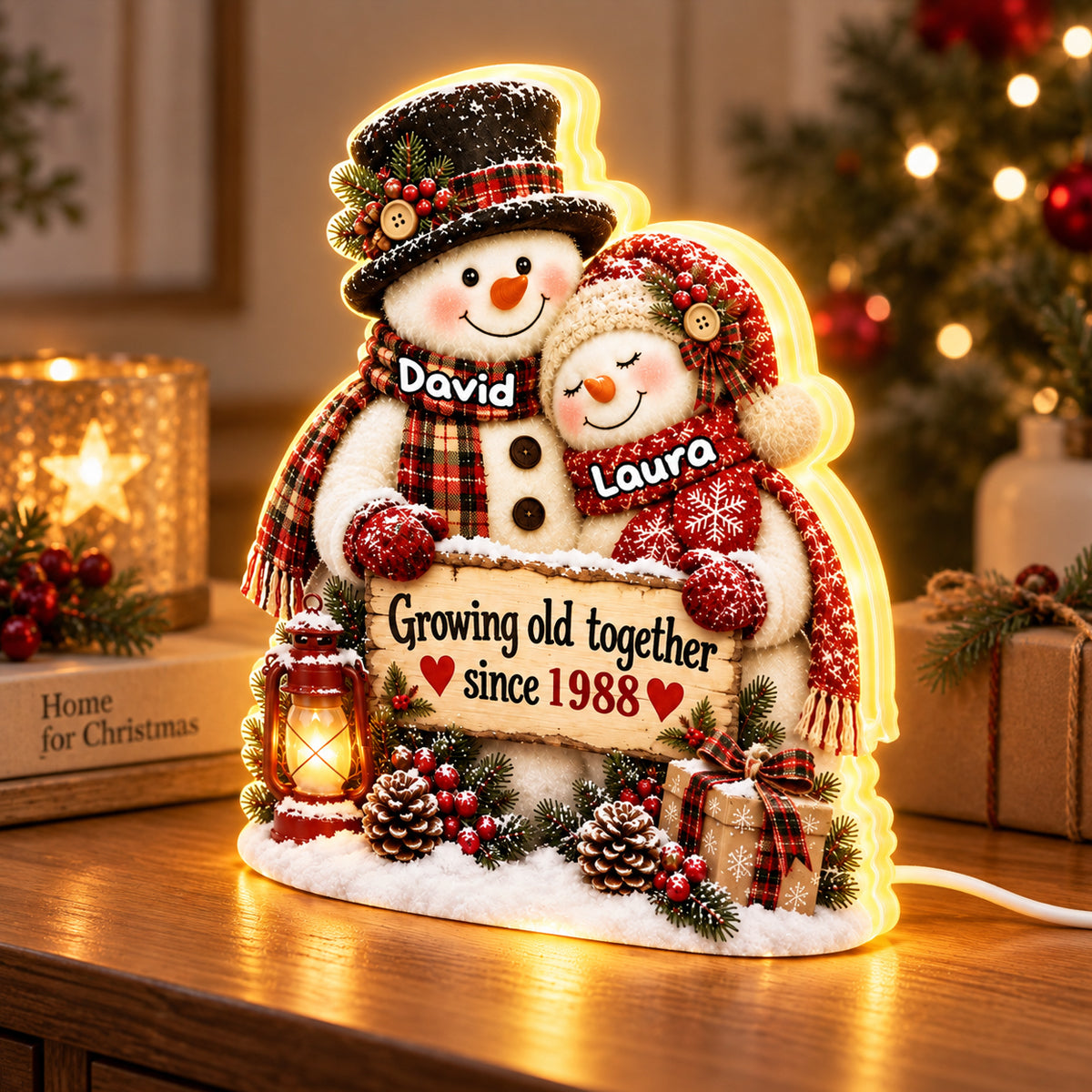 Snowman Couple Hugging Growing Old Together - Personalized Light Box - Heartfelt Christmas Gift for Her, for Him